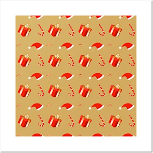 Gift box and Santa hat on Xmas pattern Posters and Art